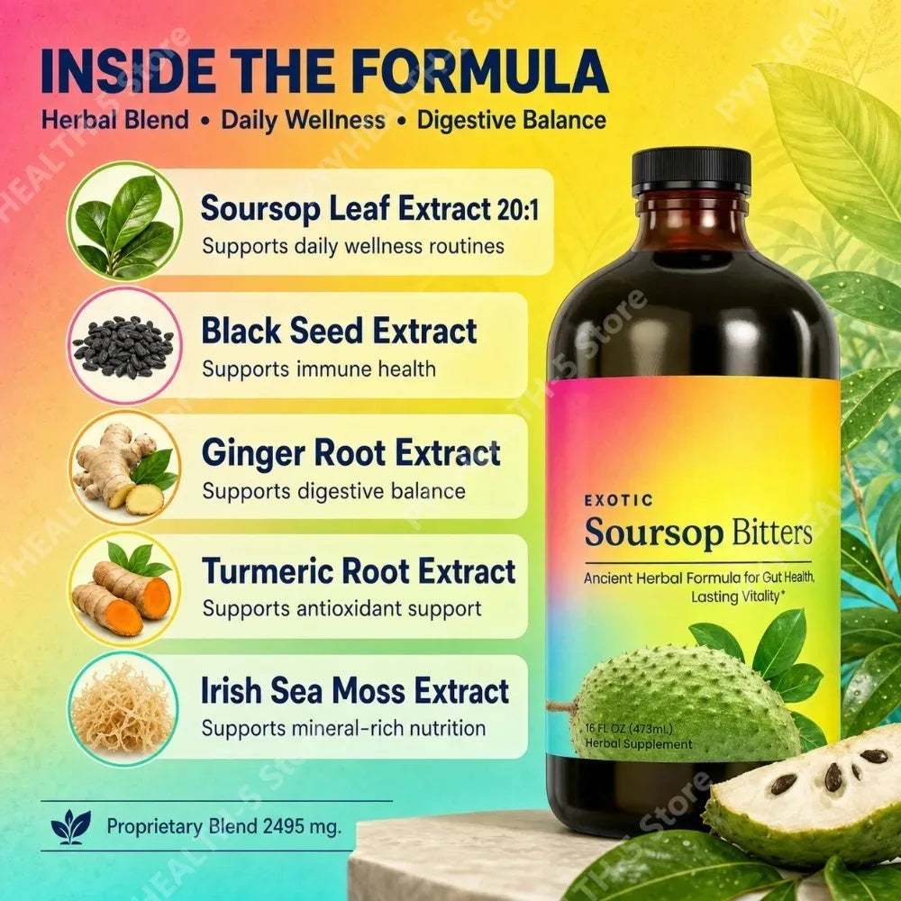 Herbal Soursop Bitters Liquid Supplement,Black Seed Moringa Irish Moss Drops for Gut Digestive Wellness Immune 16 Fl Oz(473ml)