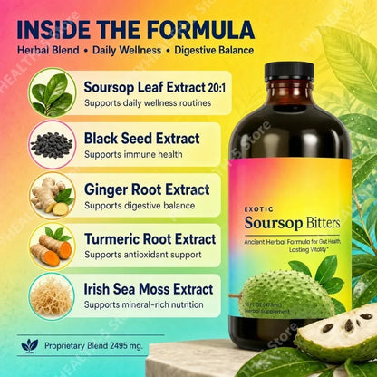 Herbal Soursop Bitters Liquid Supplement,Black Seed Moringa Irish Moss Drops for Gut Digestive Wellness Immune 16 Fl Oz(473ml)